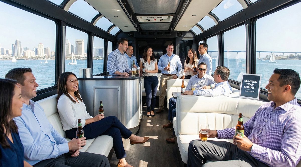 Corporate team on a luxury party bus for team building event in San Diego