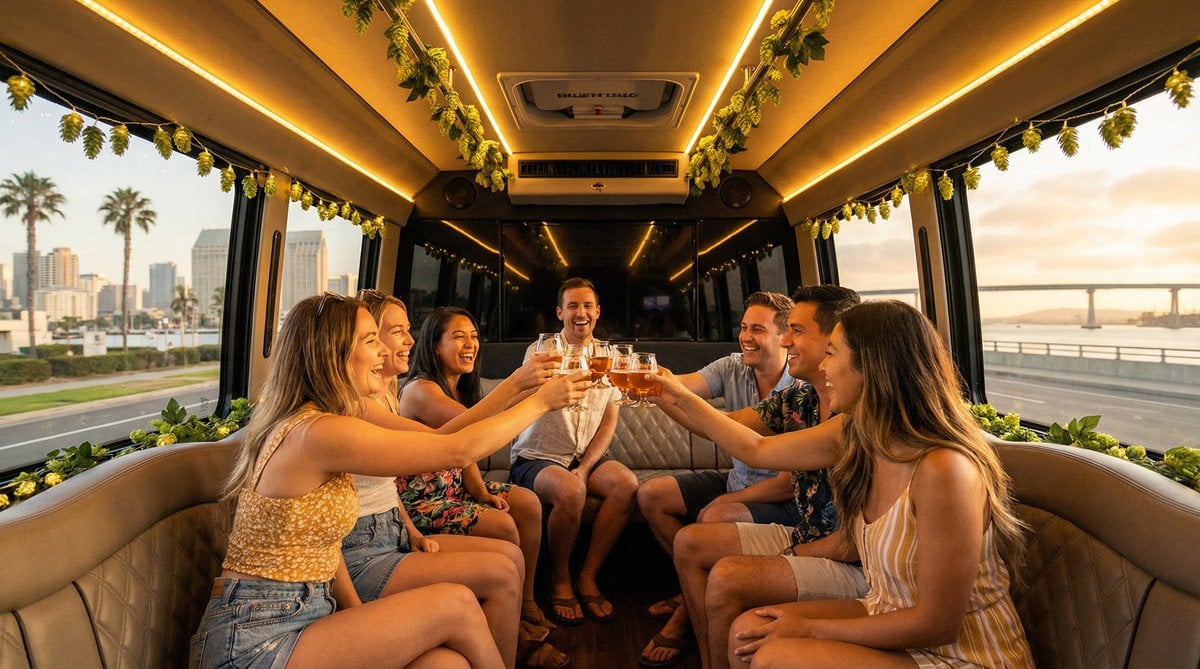 Group enjoying craft beer on a party bus brewery tour in San Diego
